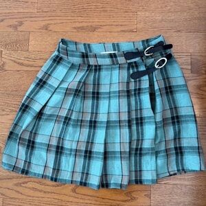 Altar'd State Teal Plaid Mini Skirt with Buckle Accents